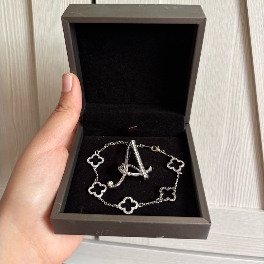 Silver Clover Link Bracelet with “A” Initial Brooch
